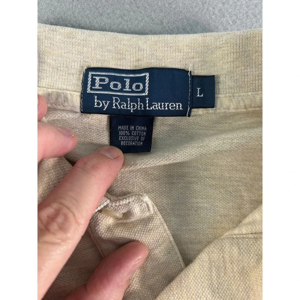 Polo Ralph Lauren Polo Shirt Mens Large Beige Long Sleeve Pique Cotton Pony
